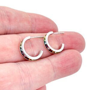 Vintage ATI Taiwan Sterling Silver 925 Rainbow CZ Hoop Earrings
